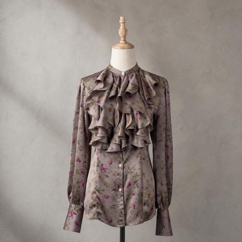 Lauren Ralph Lauren c. 2000s Silk Jabot Blouse in Mountbatten Beige Floral | 14W